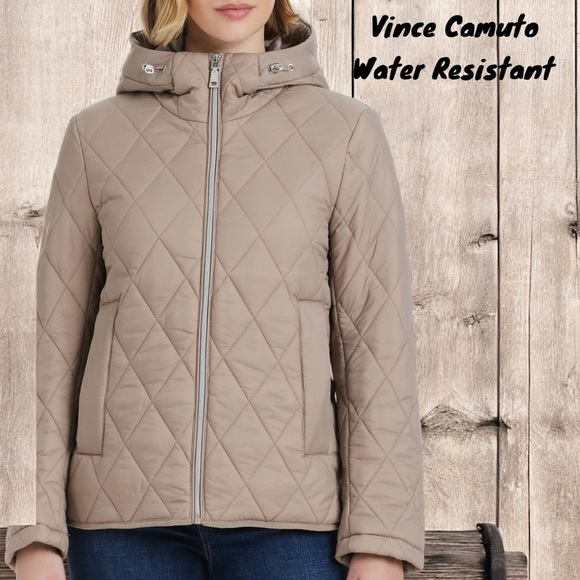 Vince Camuto NWT Women's Water Resistant Quilted Hooded Jacket Taupe Medium - Picture 1 of 9